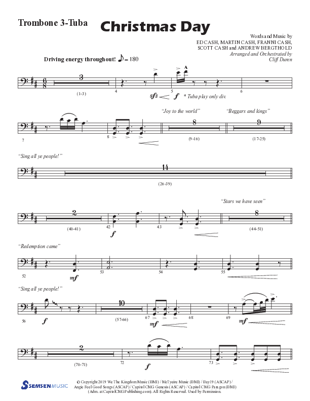 Christmas Day (Choral Anthem SATB) Trombone 3/Tuba (Semsen Music / Arr. Cliff Duren)