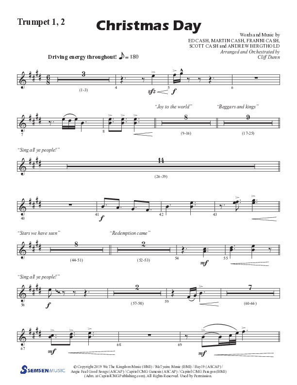 Christmas Day (Choral Anthem SATB) Trumpet 1,2 (Semsen Music / Arr. Cliff Duren)