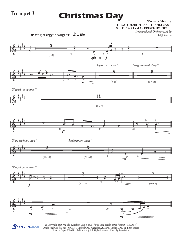 Christmas Day (Choral Anthem SATB) Trumpet 3 (Semsen Music / Arr. Cliff Duren)