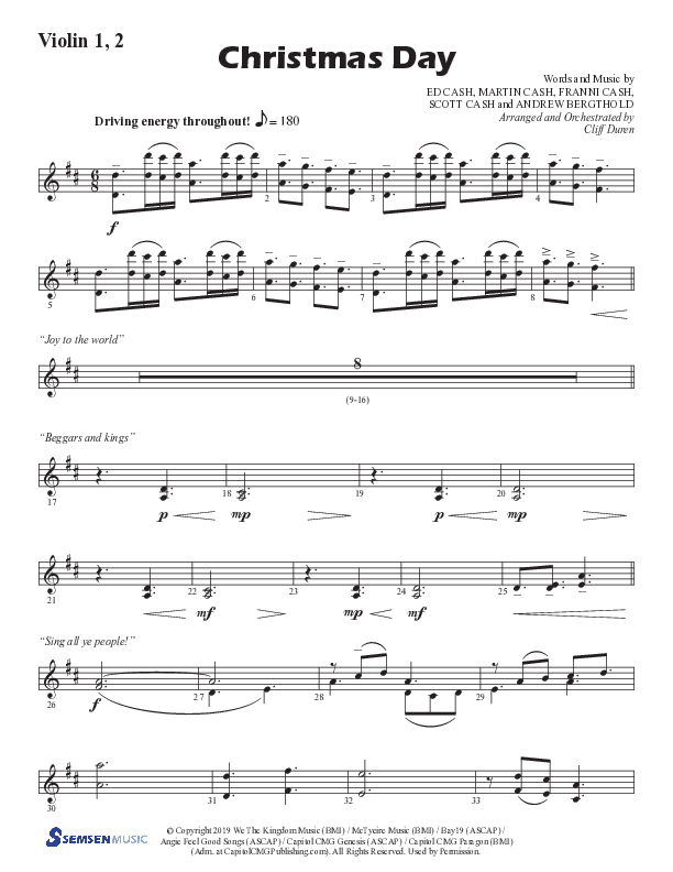 Christmas Day (Choral Anthem SATB) Violin 1/2 (Semsen Music / Arr. Cliff Duren)