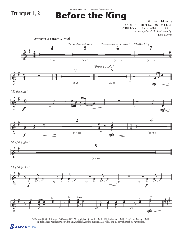 Before The King (Choral Anthem SATB) Trumpet 1,2 (Semsen Music / Arr. Cliff Duren)