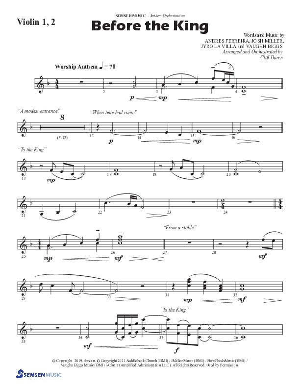 Before The King (Choral Anthem SATB) Violin 1/2 (Semsen Music / Arr. Cliff Duren)