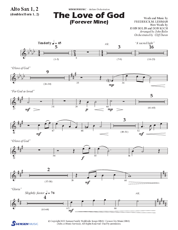 The Love Of God (Forever Mine) (Choral Anthem SATB) Alto Sax 1/2 (Semsen Music / Arr. John Bolin)