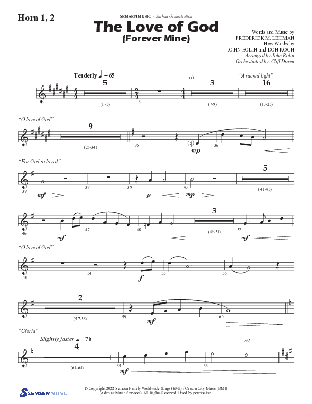 The Love Of God (Forever Mine) (Choral Anthem SATB) French Horn 1/2 (Semsen Music / Arr. John Bolin)