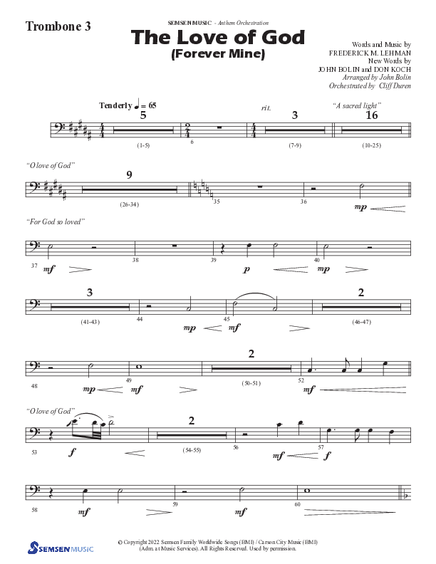 The Love Of God (Forever Mine) (Choral Anthem SATB) Trombone 3 (Semsen Music / Arr. John Bolin)