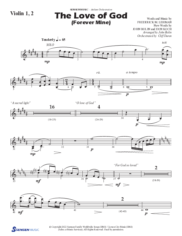 The Love Of God (Forever Mine) (Choral Anthem SATB) Violin 1/2 (Semsen Music / Arr. John Bolin)