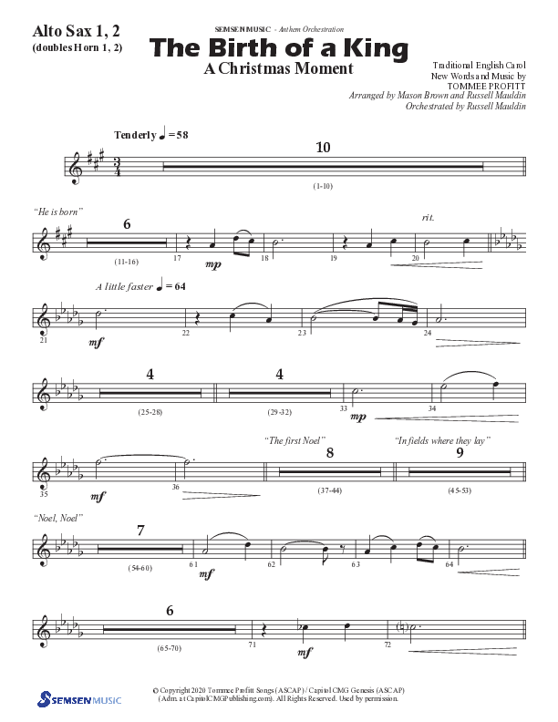 The Birth Of A King (A Christmas Moment) (Choral Anthem SATB) Alto Sax 1/2 (Semsen Music / Arr. Mason Brown / Arr. Russell Mauldin)