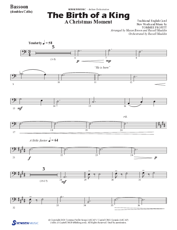 The Birth Of A King (A Christmas Moment) (Choral Anthem SATB) Bassoon (Semsen Music / Arr. Mason Brown / Arr. Russell Mauldin)