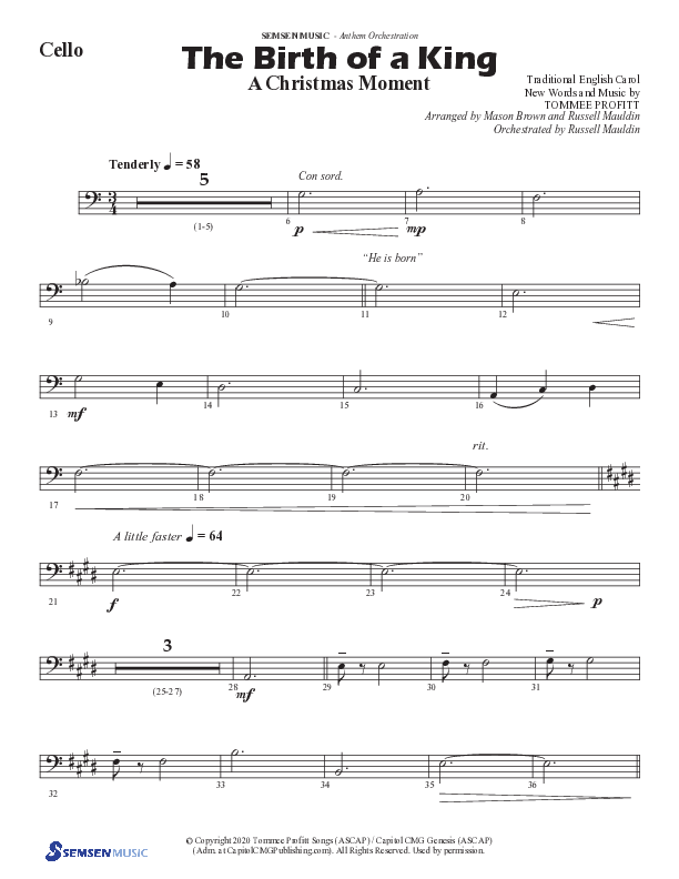 The Birth Of A King (A Christmas Moment) (Choral Anthem SATB) Cello (Semsen Music / Arr. Mason Brown / Arr. Russell Mauldin)