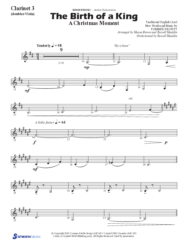 The Birth Of A King (A Christmas Moment) (Choral Anthem SATB) Clarinet 3 (Semsen Music / Arr. Mason Brown / Arr. Russell Mauldin)