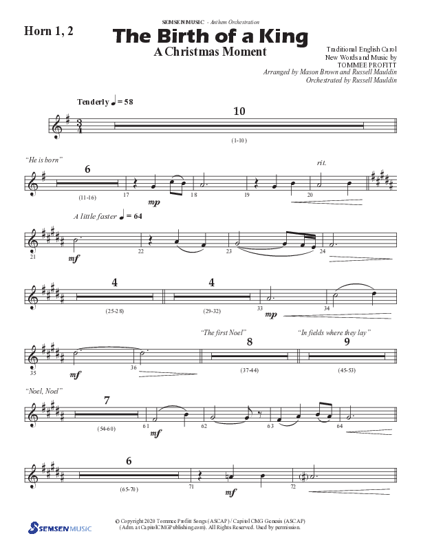 The Birth Of A King (A Christmas Moment) (Choral Anthem SATB) French Horn 1/2 (Semsen Music / Arr. Mason Brown / Arr. Russell Mauldin)