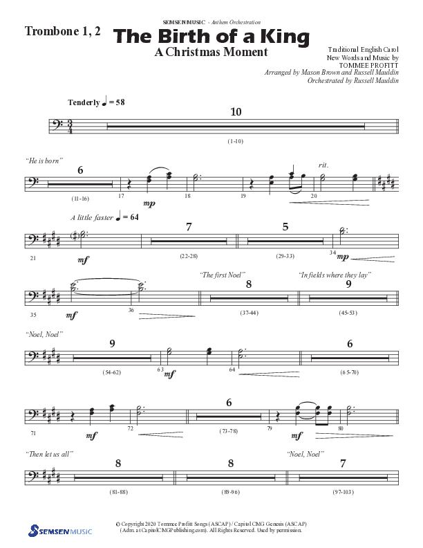 The Birth Of A King (A Christmas Moment) (Choral Anthem SATB) Trombone 1/2 (Semsen Music / Arr. Mason Brown / Arr. Russell Mauldin)