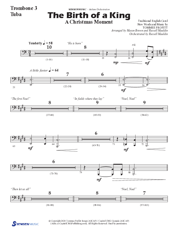 The Birth Of A King (A Christmas Moment) (Choral Anthem SATB) Trombone 3/Tuba (Semsen Music / Arr. Mason Brown / Arr. Russell Mauldin)