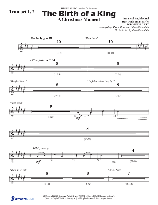 The Birth Of A King (A Christmas Moment) (Choral Anthem SATB) Trumpet 1,2 (Semsen Music / Arr. Mason Brown / Arr. Russell Mauldin)
