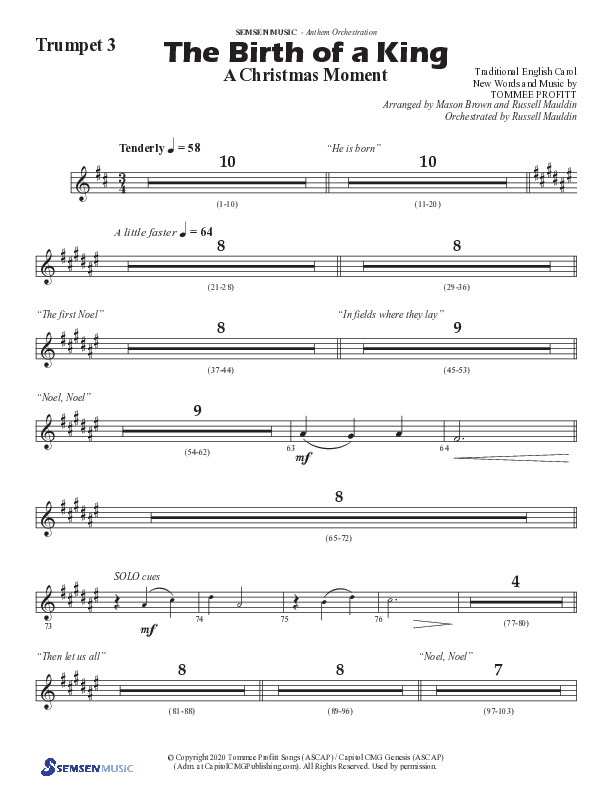 The Birth Of A King (A Christmas Moment) (Choral Anthem SATB) Trumpet 3 (Semsen Music / Arr. Mason Brown / Arr. Russell Mauldin)