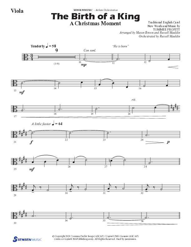 The Birth Of A King (A Christmas Moment) (Choral Anthem SATB) Viola (Semsen Music / Arr. Mason Brown / Arr. Russell Mauldin)
