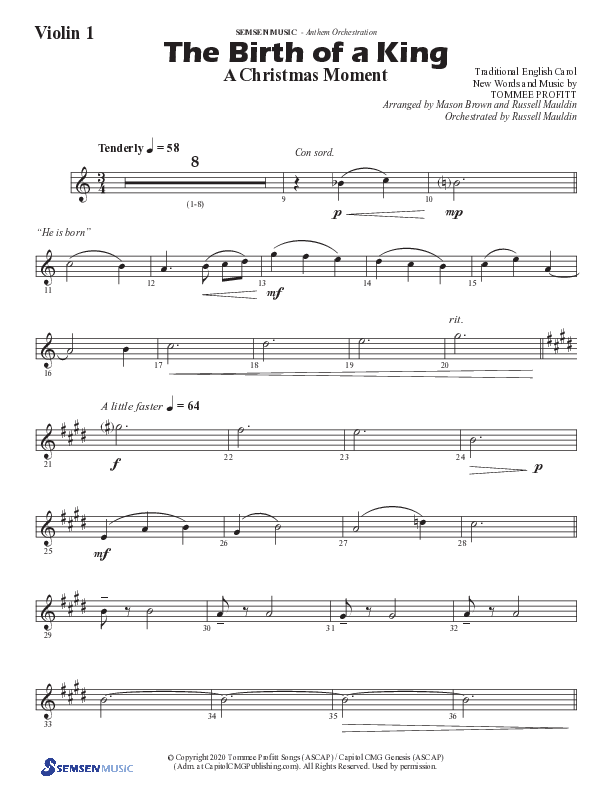 The Birth Of A King (A Christmas Moment) (Choral Anthem SATB) Violin 1 (Semsen Music / Arr. Mason Brown / Arr. Russell Mauldin)