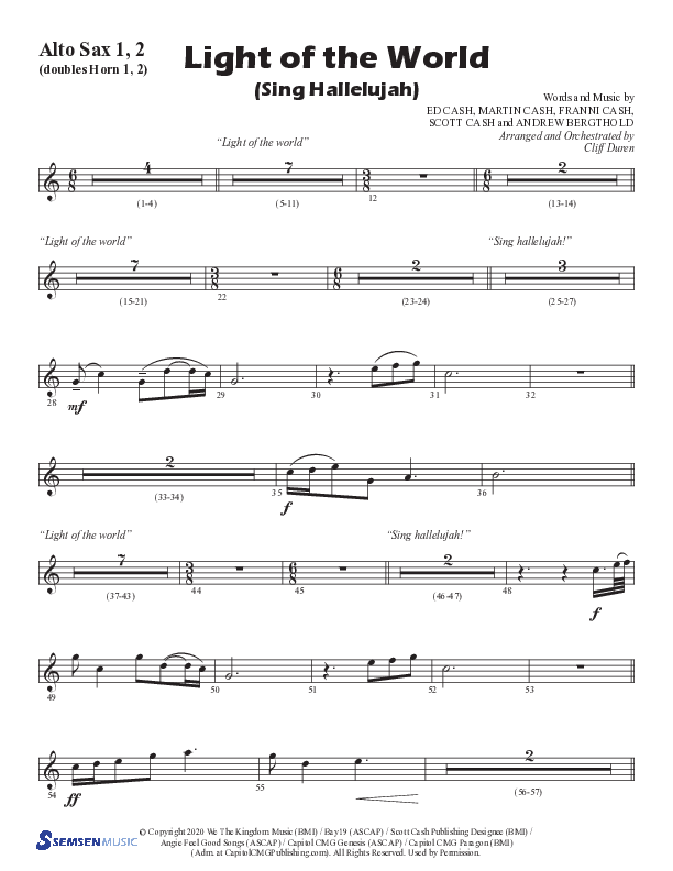 Light Of The World (Sing Hallelujah) (Choral Anthem SATB) Alto Sax 1/2 (Semsen Music / Arr. Cliff Duren)