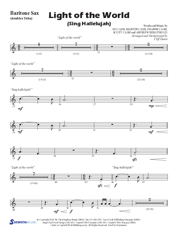 Light Of The World (Sing Hallelujah) (Choral Anthem SATB) Bari Sax (Semsen Music / Arr. Cliff Duren)