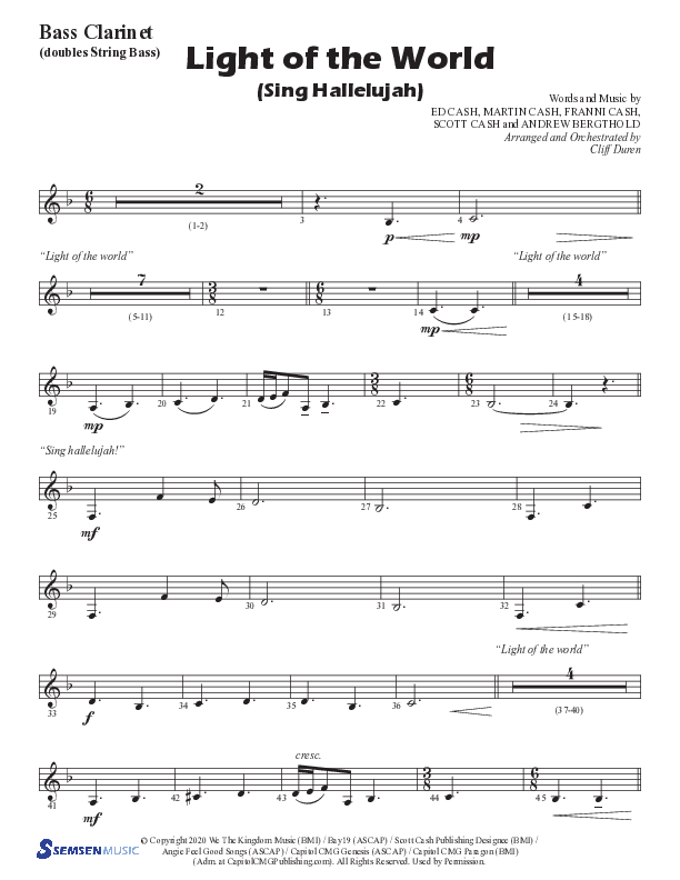 Light Of The World (Sing Hallelujah) (Choral Anthem SATB) Bass Clarinet (Semsen Music / Arr. Cliff Duren)