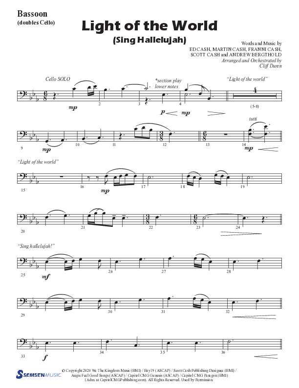 Light Of The World (Sing Hallelujah) (Choral Anthem SATB) Bassoon (Semsen Music / Arr. Cliff Duren)