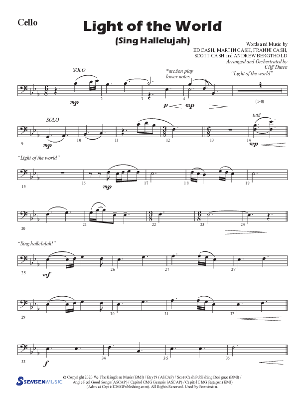 Light Of The World (Sing Hallelujah) (Choral Anthem SATB) Cello (Semsen Music / Arr. Cliff Duren)