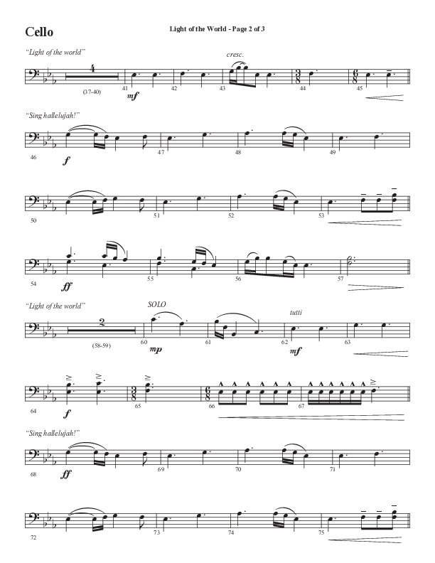 Light Of The World (Sing Hallelujah) (Choral Anthem SATB) Cello (Semsen Music / Arr. Cliff Duren)