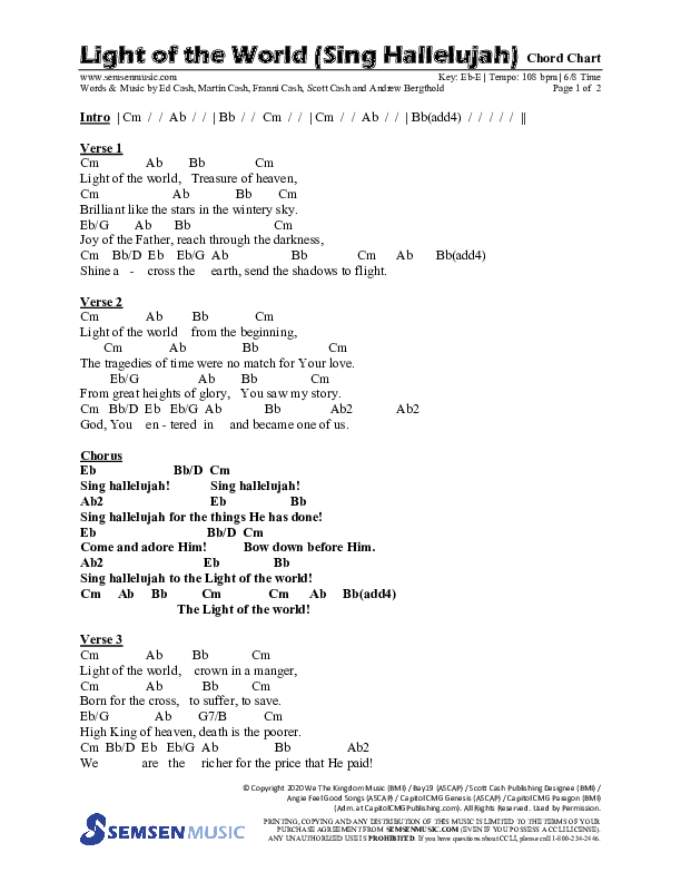 Light Of The World (Sing Hallelujah) (Choral Anthem SATB) Chords & Lead Sheet (Semsen Music / Arr. Cliff Duren)