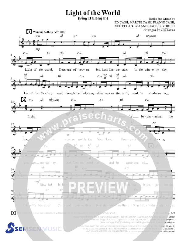 Light Of The World (Sing Hallelujah) (Choral Anthem SATB) Chords & Lead Sheet (Semsen Music / Arr. Cliff Duren)