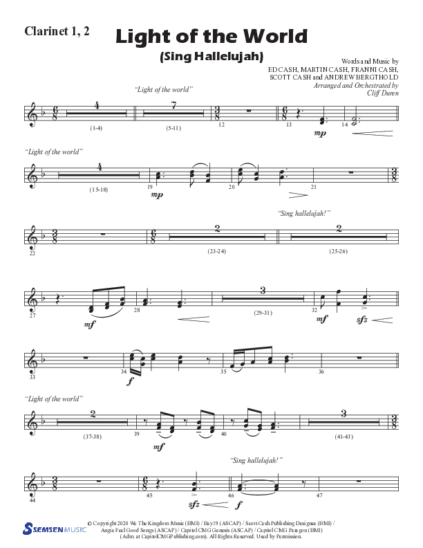 Light Of The World (Sing Hallelujah) (Choral Anthem SATB) Clarinet 1/2 (Semsen Music / Arr. Cliff Duren)