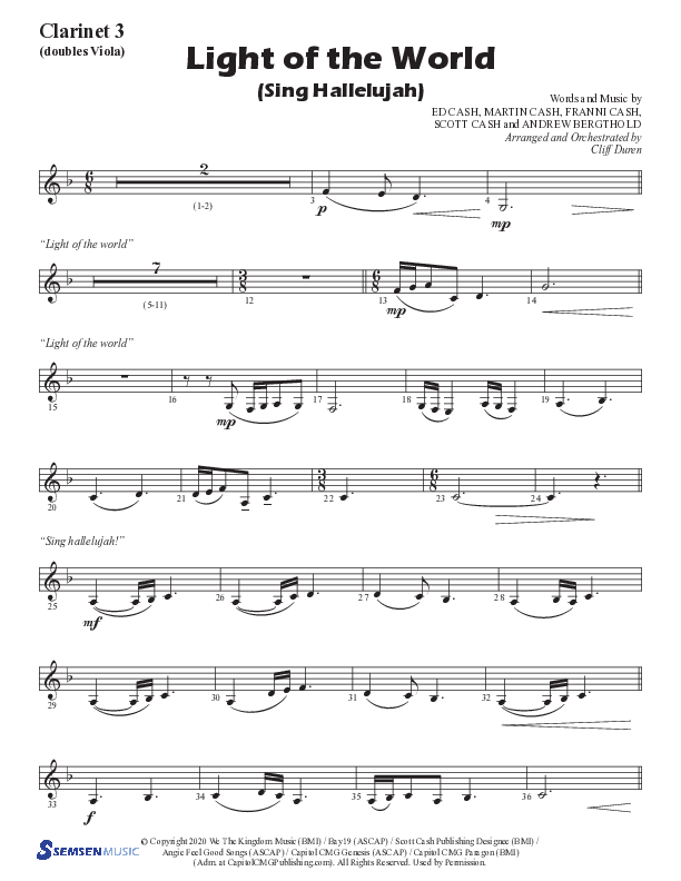 Light Of The World (Sing Hallelujah) (Choral Anthem SATB) Clarinet 3 (Semsen Music / Arr. Cliff Duren)