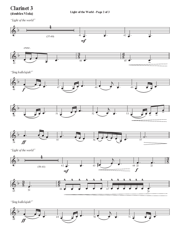 Light Of The World (Sing Hallelujah) (Choral Anthem SATB) Clarinet 3 (Semsen Music / Arr. Cliff Duren)