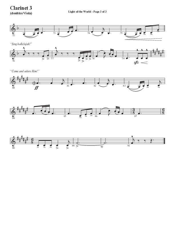 Light Of The World (Sing Hallelujah) (Choral Anthem SATB) Clarinet 3 (Semsen Music / Arr. Cliff Duren)