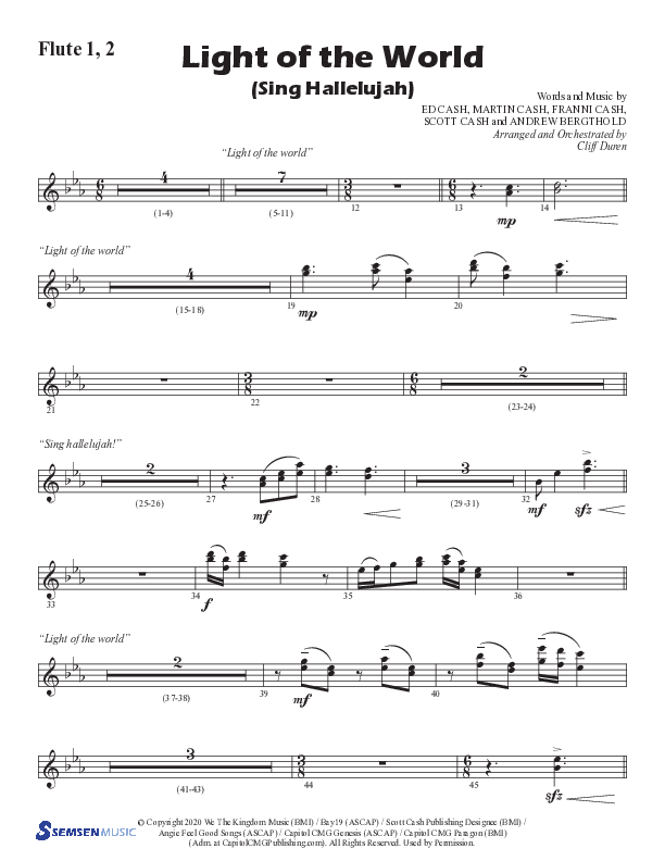 Light Of The World (Sing Hallelujah) (Choral Anthem SATB) Flute 1/2 (Semsen Music / Arr. Cliff Duren)
