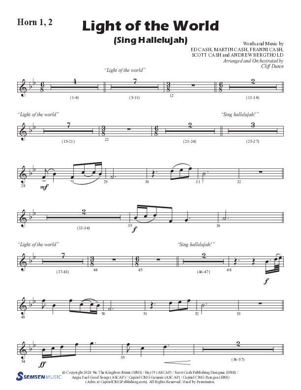 Light Of The World (Sing Hallelujah) (Choral Anthem SATB) French Horn 1/2 (Semsen Music / Arr. Cliff Duren)