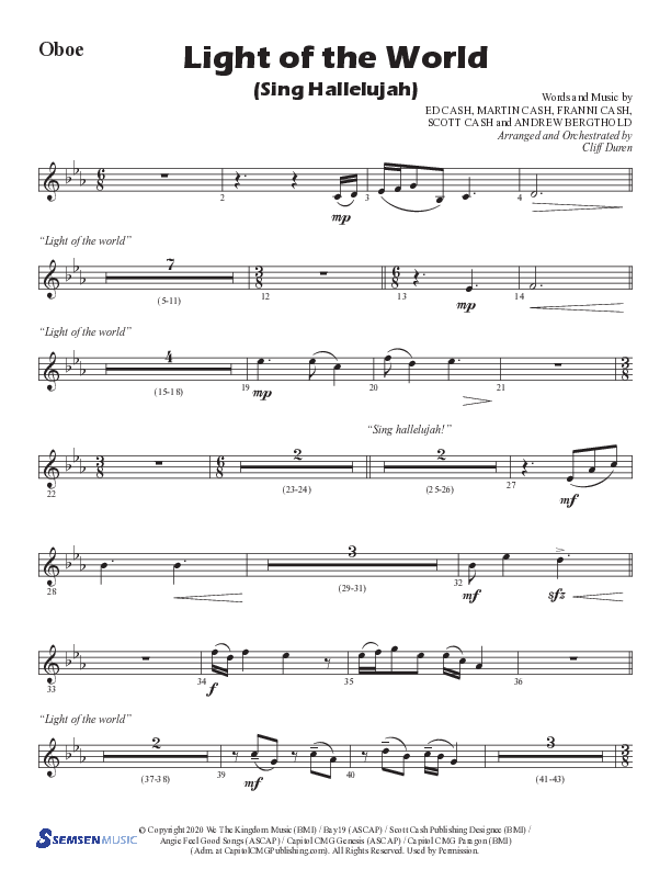 Light Of The World (Sing Hallelujah) (Choral Anthem SATB) Oboe (Semsen Music / Arr. Cliff Duren)