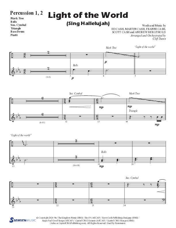 Light Of The World (Sing Hallelujah) (Choral Anthem SATB) Percussion 1/2 (Semsen Music / Arr. Cliff Duren)