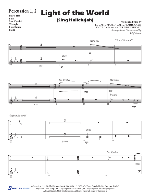 Light Of The World (Sing Hallelujah) (Choral Anthem SATB) Percussion 1/2 (Semsen Music / Arr. Cliff Duren)