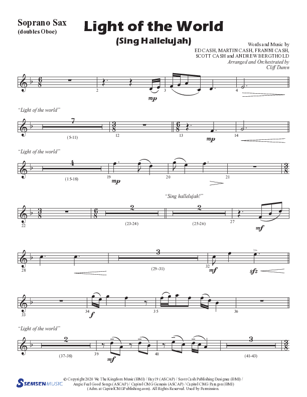 Light Of The World (Sing Hallelujah) (Choral Anthem SATB) Soprano Sax (Semsen Music / Arr. Cliff Duren)