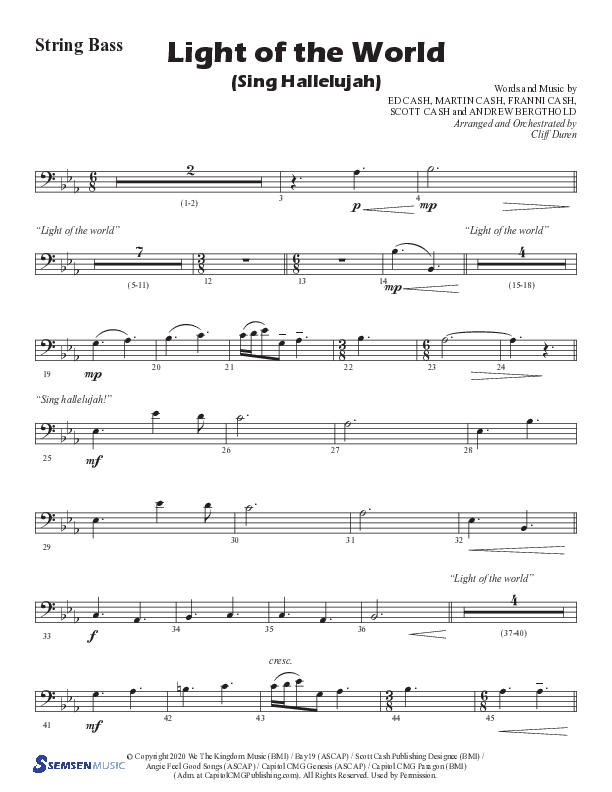 Light Of The World (Sing Hallelujah) (Choral Anthem SATB) String Bass (Semsen Music / Arr. Cliff Duren)