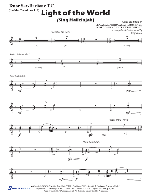 Light Of The World (Sing Hallelujah) (Choral Anthem SATB) Tenor Sax/Baritone T.C. (Semsen Music / Arr. Cliff Duren)