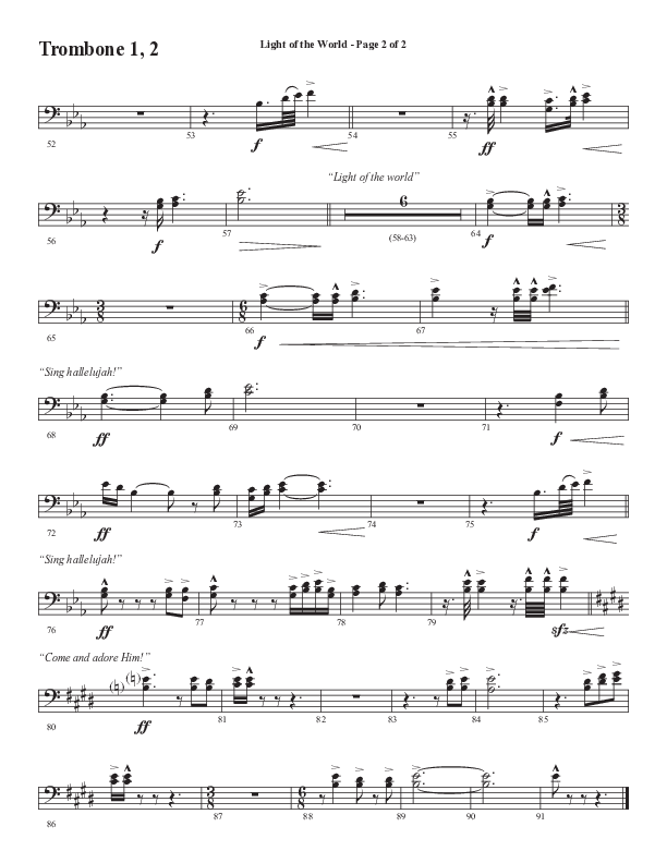 Light Of The World (Sing Hallelujah) (Choral Anthem SATB) Trombone 1/2 (Semsen Music / Arr. Cliff Duren)