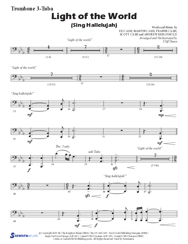 Light Of The World (Sing Hallelujah) (Choral Anthem SATB) Trombone 3/Tuba (Semsen Music / Arr. Cliff Duren)