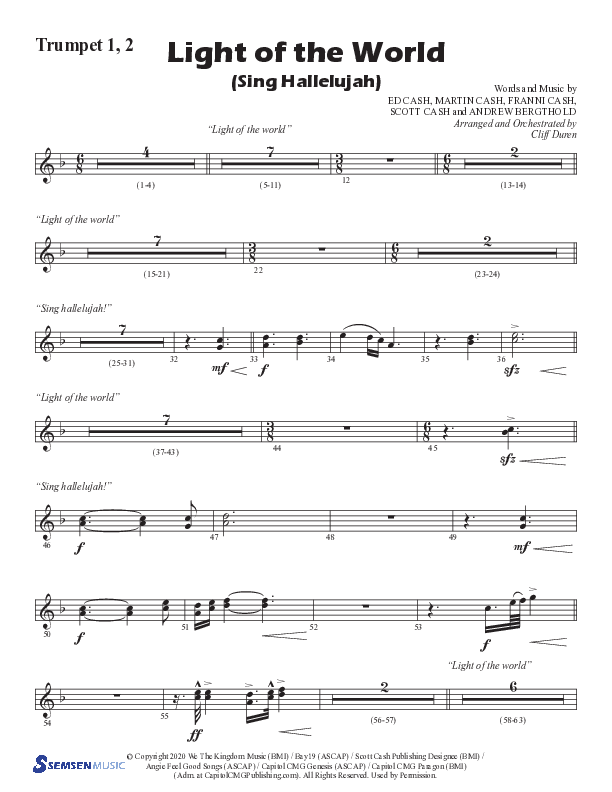 Light Of The World (Sing Hallelujah) (Choral Anthem SATB) Trumpet 1,2 (Semsen Music / Arr. Cliff Duren)