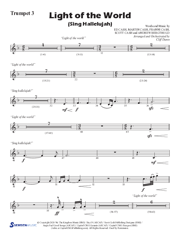 Light Of The World (Sing Hallelujah) (Choral Anthem SATB) Trumpet 3 (Semsen Music / Arr. Cliff Duren)