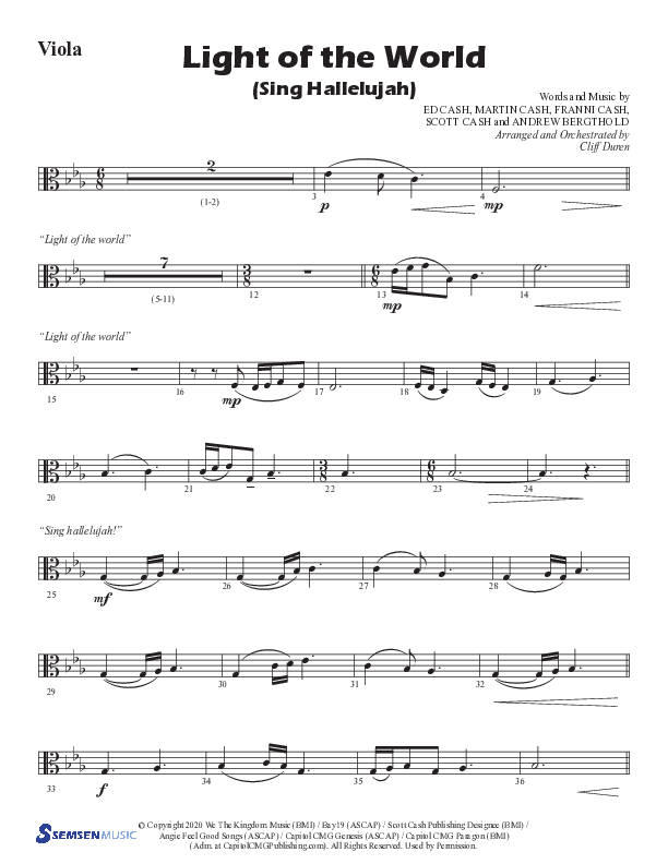 Light Of The World (Sing Hallelujah) (Choral Anthem SATB) Viola (Semsen Music / Arr. Cliff Duren)