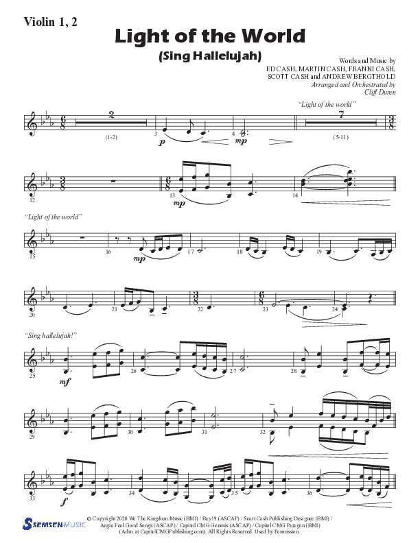 Light Of The World (Sing Hallelujah) (Choral Anthem SATB) Violin 1/2 (Semsen Music / Arr. Cliff Duren)