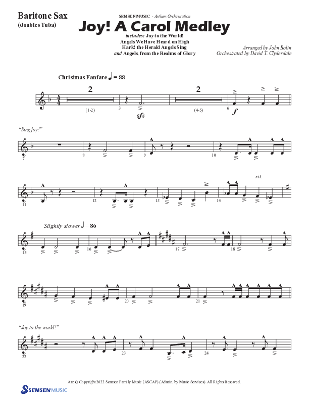 Joy A Carol Medley (Choral Anthem SATB) Bari Sax (Semsen Music / Arr. John Bolin)