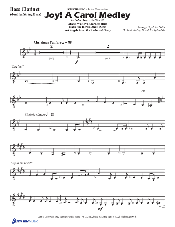 Joy A Carol Medley (Choral Anthem SATB) Bass Clarinet (Semsen Music / Arr. John Bolin)