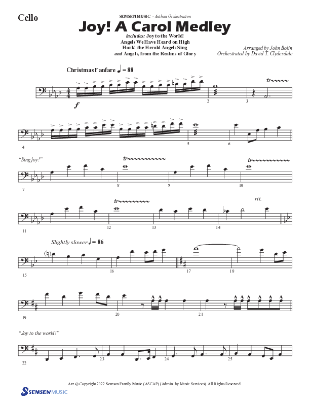 Joy A Carol Medley (Choral Anthem SATB) Cello (Semsen Music / Arr. John Bolin)
